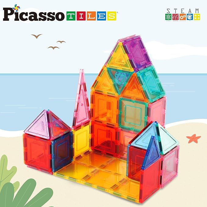 PicassoTiles Magnet Tile Building Block Set Magnetic Construction Square Triangle Tiles Toy Kit Sparking Creativity Geometric Shapes STEM Educational Learning Brain Development Kids Ages 3+ PB36