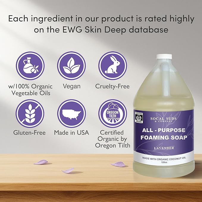 SoCal Suds & Company 128oz Certified Organic Foaming Hand & Body Wash - Gentle Natural Body,Baby & Face Wash for Sensitive Skin, Moisturizing Soap, Hand Soap and More - Lavender