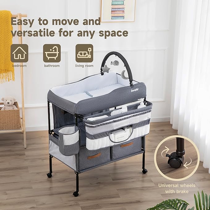 Baby Changing Table, Versatile Portable Folding Changing Table, Waterproof Diaper Changing Station with Waste Basket, Adjustable Height with 2 Drawers, Baby Changing Station