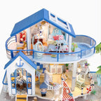 DIY Miniature Dollhouse Kit, Mini House Building Kit for Adults, Tiny House Making Kits with LED Light, Hobby Craft Christmas Decorations Birthday Gifts for Adults (Blue Sea Story)
