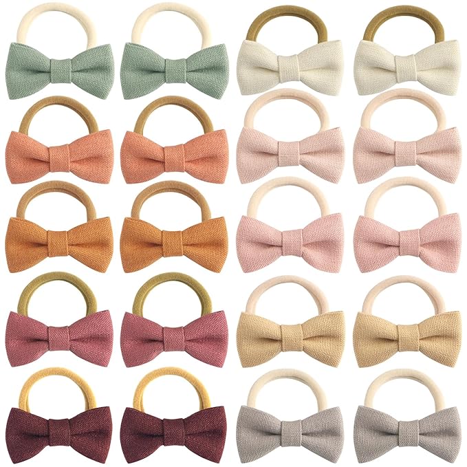 24-Pack Multicolor Linen Bow Hair Ties for Toddler & Infant Girls - Gentle No-Damage Elastic Ponytail Holders