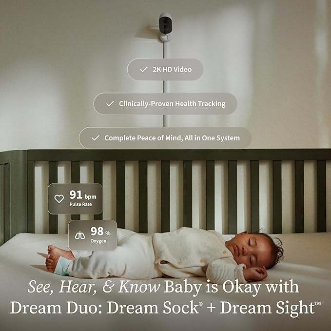 Owlet Dream Duo – FDA-Cleared Smart Baby Monitor with Sock & HD Video Cam 2K HD Video, Cry & Motion Alerts, Temp Monitoring