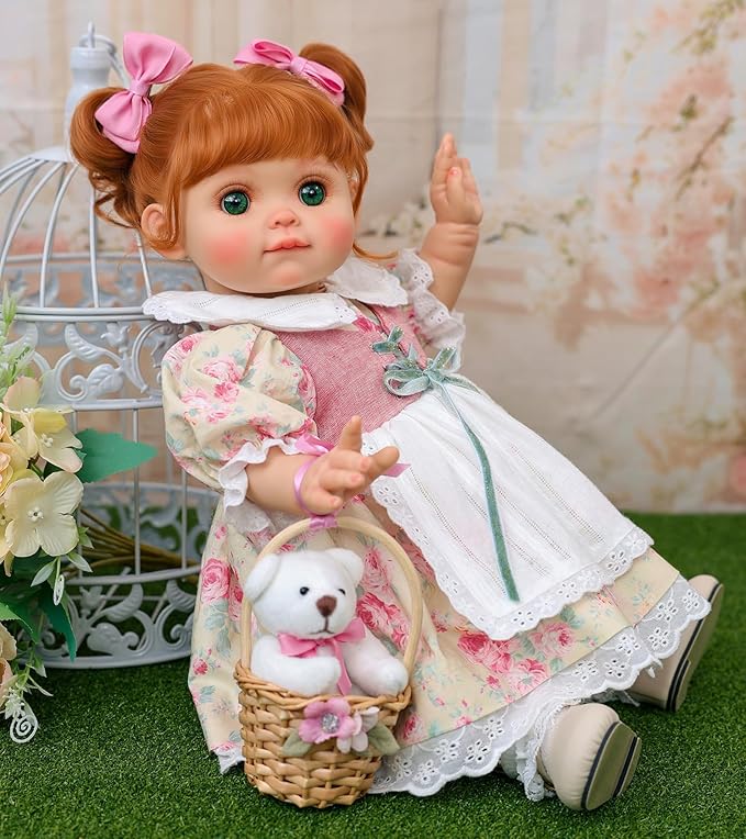 Baby Doll, 18 Inch Realistic Reborn Toddler Real Life Baby Dolls with Vintage Floral Dress, Little Bear & Woven Basket, Premium Collectible Doll Gifts for 3+ Year Old Girls