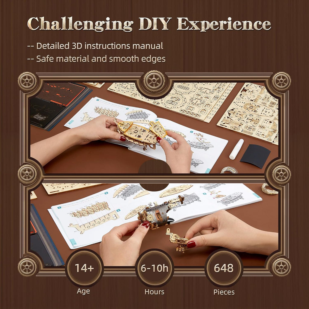 LED 3D Wood Puzzle Fantasy Airship Model - Steampunk DIY Craft Kit with LED Lights – Intricate Wooden Airship Model Building Set for Teens and Adults(Gray)