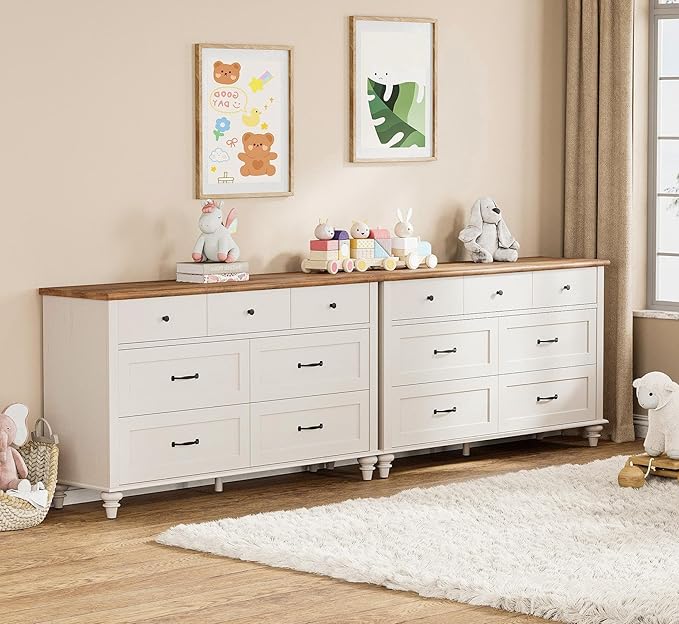 WAMPAT White Dresser Set with 14 Drawers for Bedroom, 2-in-1 Kids Dresser for Nursery Kids Room, Mid Century Modern Chests & Dressers, Distressed Wide Dresser Organizer for Children’s Bedroom