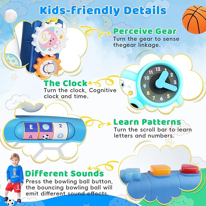 Toddler Basketball Hoop with Adjustable Height, 5 in 1 Toddler Sports Activity Center, Basketball Bowling Baseball Soccer Golf Set, Indoor Outdoor Sports Toy for Baby Birthday Present