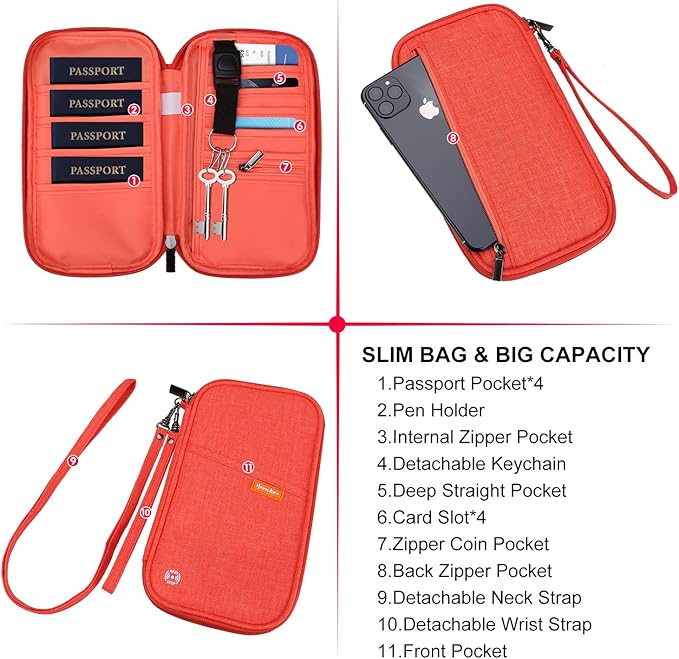RFID Family Passport Wallet Holder Waterproof, Travel Document Organizer Credit Card Clutch Bag for Men Women (RFID Orange)