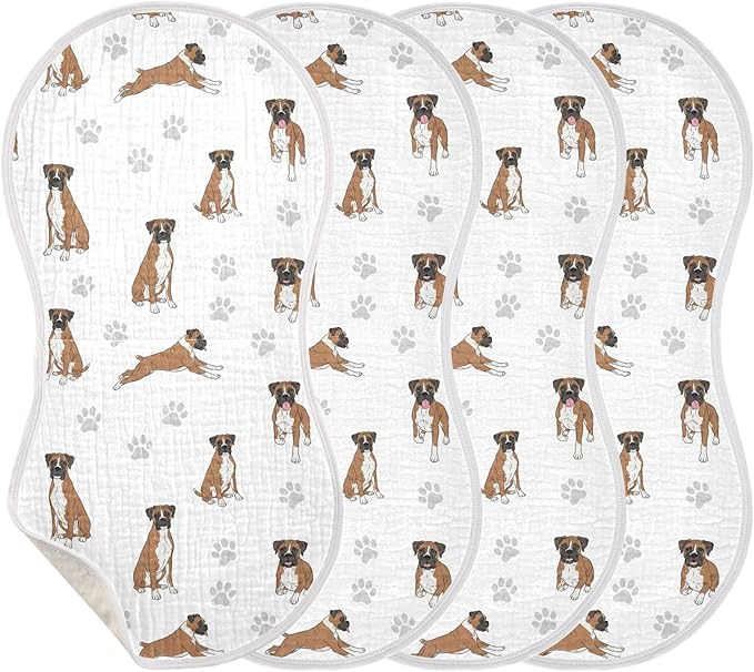 4 Pack Muslin Burp Cloths Boxer Dogs White Cotton Baby Burp Cloths Ultra Soft Burping Cloth Absorbent Spit Up Rags for Newborn Boys Girls 22x11 Inch