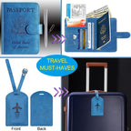 Passport Holder With Luggage Tag Cover Wallet RFID Blocking Leather Case Travel Essentials Accessories Travel Must Have(114#Blue)