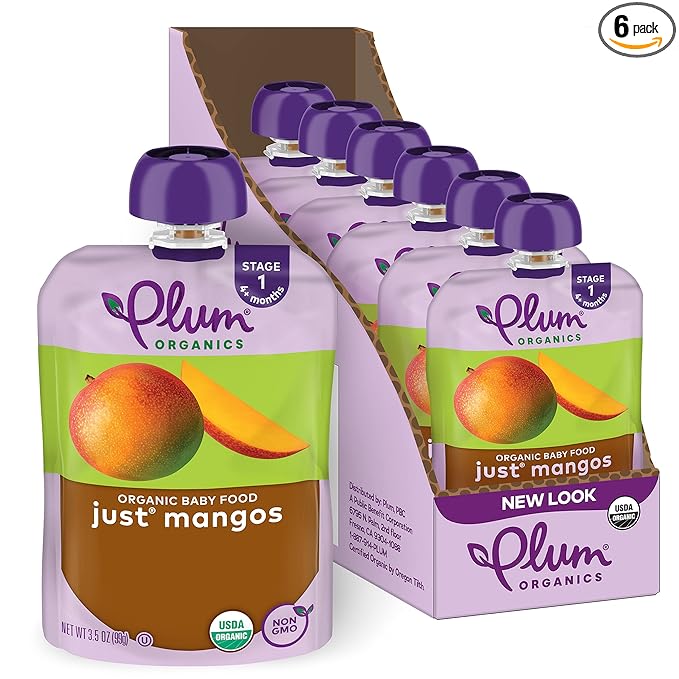 Plum Organics Just Mangos, 4+ Months - Organic Baby Food Pouches, 3.5 oz Pouch (Pack of 6)