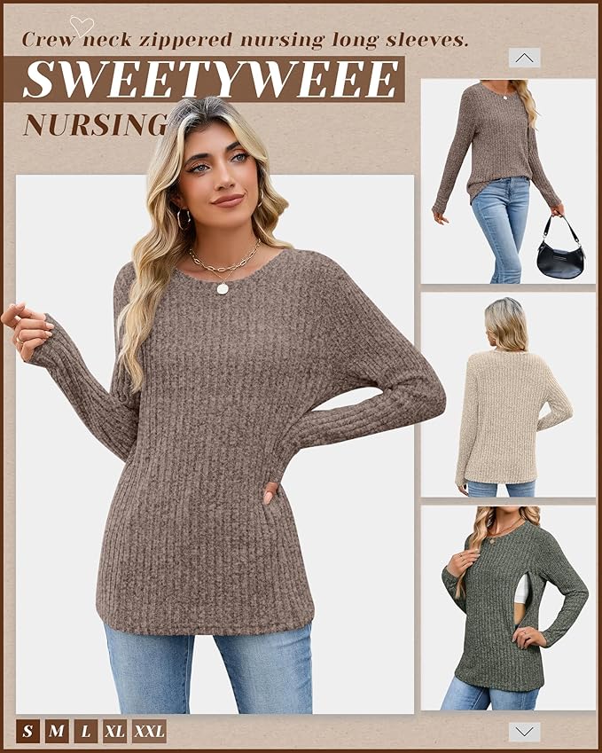 3 Pack Women's Nursing Long Sleeve Tops Breastfeeding Thermal Sweaters with Hidden Zipper Maternity Ribbed Shirts