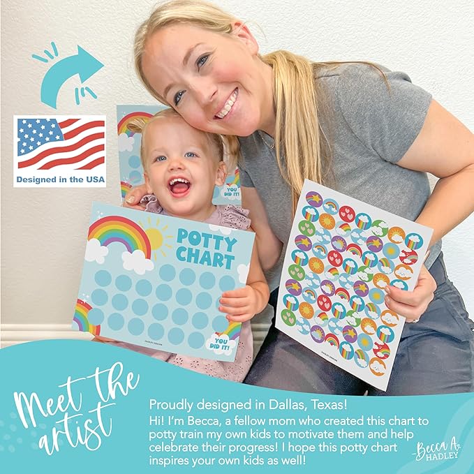 Hadley Designs Potty Training Chart for Toddlers Boys -10 Sticker Potty Chart for Toddlers Girls, 8.5x11" Potty Training Sticker Charts for Toilet Success, Rainbow Toddler Reward Chart for Kids