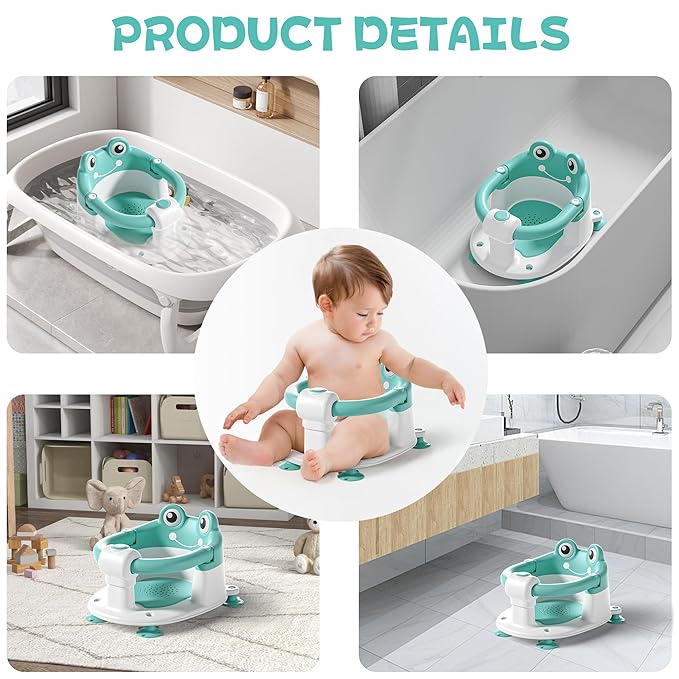 Baby Bath Seat for Babies 6 Months & Up - Toddler Bath Seats for Baby Sitting Up with 4 Suction Cups & Soft Cushion, Non-Slip Infants Shower Bathtub Chair for Newborn Boys Girls, Aqua