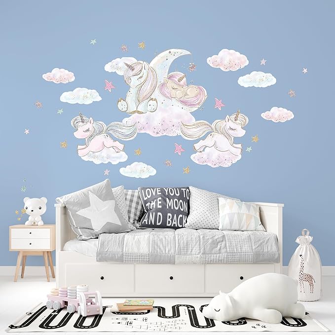 Unicorn Wall Decals by Lipastick - Vibrant Glitter Moon, Stars, Cloud Stickers for Girls Bedroom, Baby Nursery, Kids Room, Birthday Party Decor Art- Wall Stickers for Girls Room