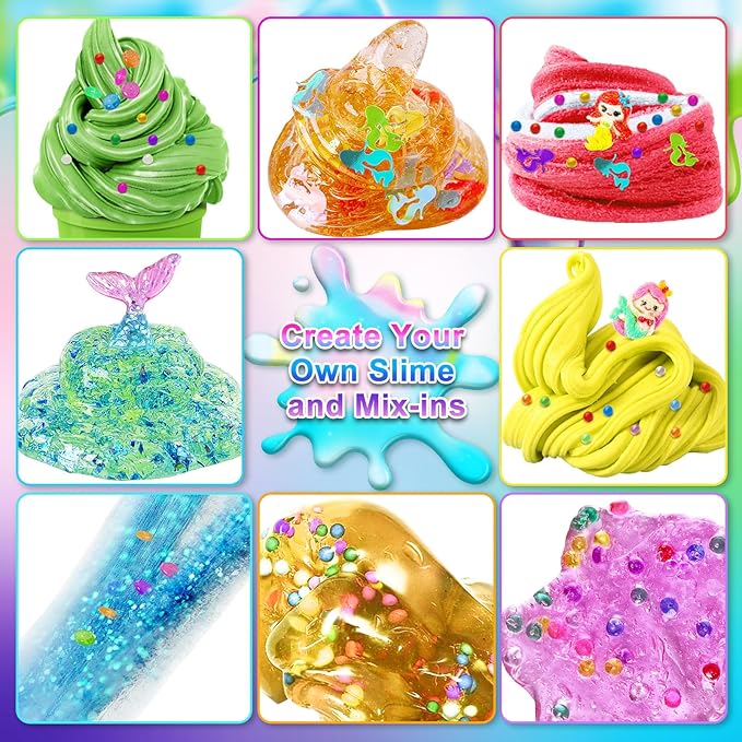 YOPINSAND DIY Slime Kit for Girls, Slime Making Kit for Kids, Glimmer Crunchy, Butter, Foam, Cloud Slime with Mermaid Add-ins, Foam Balls, Charms, Glitters, Party Favors Gift Toys for Kids 6-12