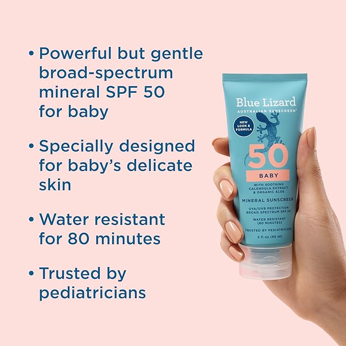 BLUE LIZARD Baby Mineral Sunscreen with Zinc Oxide, SPF 50+, Water Resistant, UVA/UVB Protection with Smart Cap Technology - Fragrance Free, 3 Ounce Tube