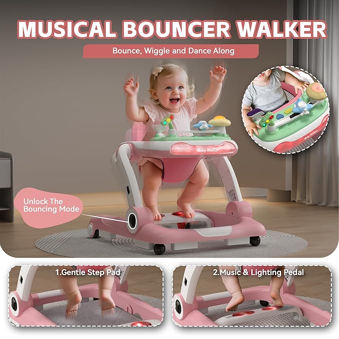 Baby Walker with Wheels, 5 in 1 Walker for Baby Boy Girl 6-12 Months with Bouncer, Music and Lights Baby Jumper Activity Center, Adjustable Height Speed, Push Walker for Ages 6-18 Months Toddler