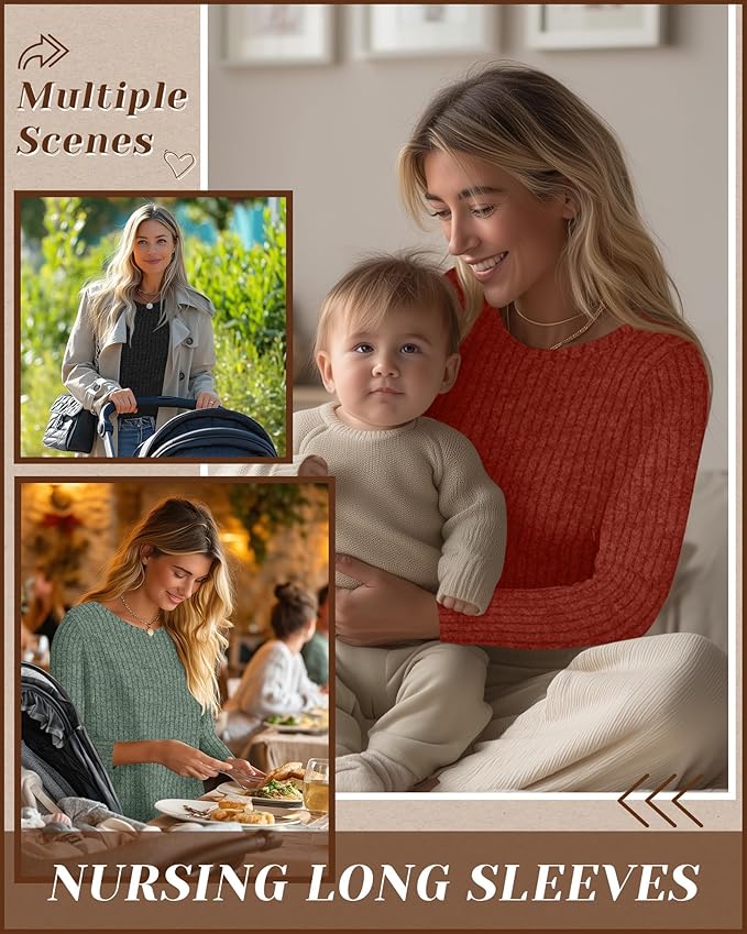 3 Pack Women's Nursing Long Sleeve Tops Breastfeeding Thermal Sweaters with Hidden Zipper Maternity Ribbed Shirts
