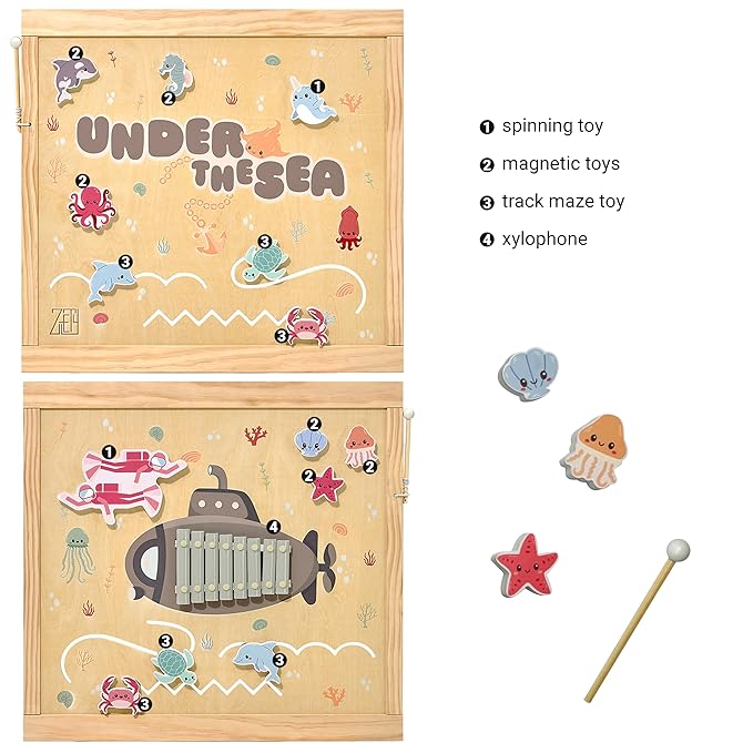Wooden Playpen Extra Large for Toddlers and Babies - Under The Sea Theme Toy Desighn - (8/10) Wood Panels - Foldable and Adjustable Baby playpen - Extra Large Baby playpen (8-Panels)