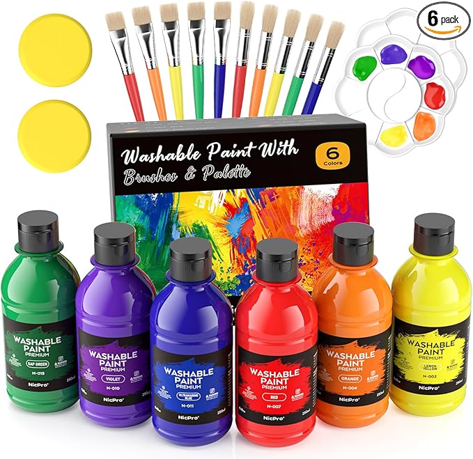 Nicpro Washable Paint for Kids, Kids Painting Set with 10 Paintbrushes, Palettes, Sponge, 6 Vibrant Colors 8.45oz, Non Toxic Washable Finger Paint for Toddlers Preschool Children Art Painting Supplies