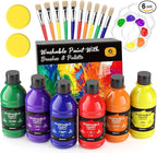 Nicpro Washable Paint for Kids, Kids Painting Set with 10 Paintbrushes, Palettes, Sponge, 6 Vibrant Colors 8.45oz, Non Toxic Washable Finger Paint for Toddlers Preschool Children Art Painting Supplies
