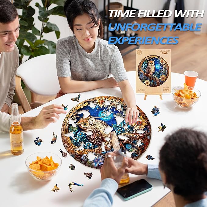 masseruon Owl Jigsaw Puzzles for Adults, 300 Piece Puzzles for Adults-Moonlight Owl(L, 13.4x13.4in), Unique Round Jigsaw Puzzles, Beautiful Animal Shaped Puzzles, Christmas Family Game Birthday Gift