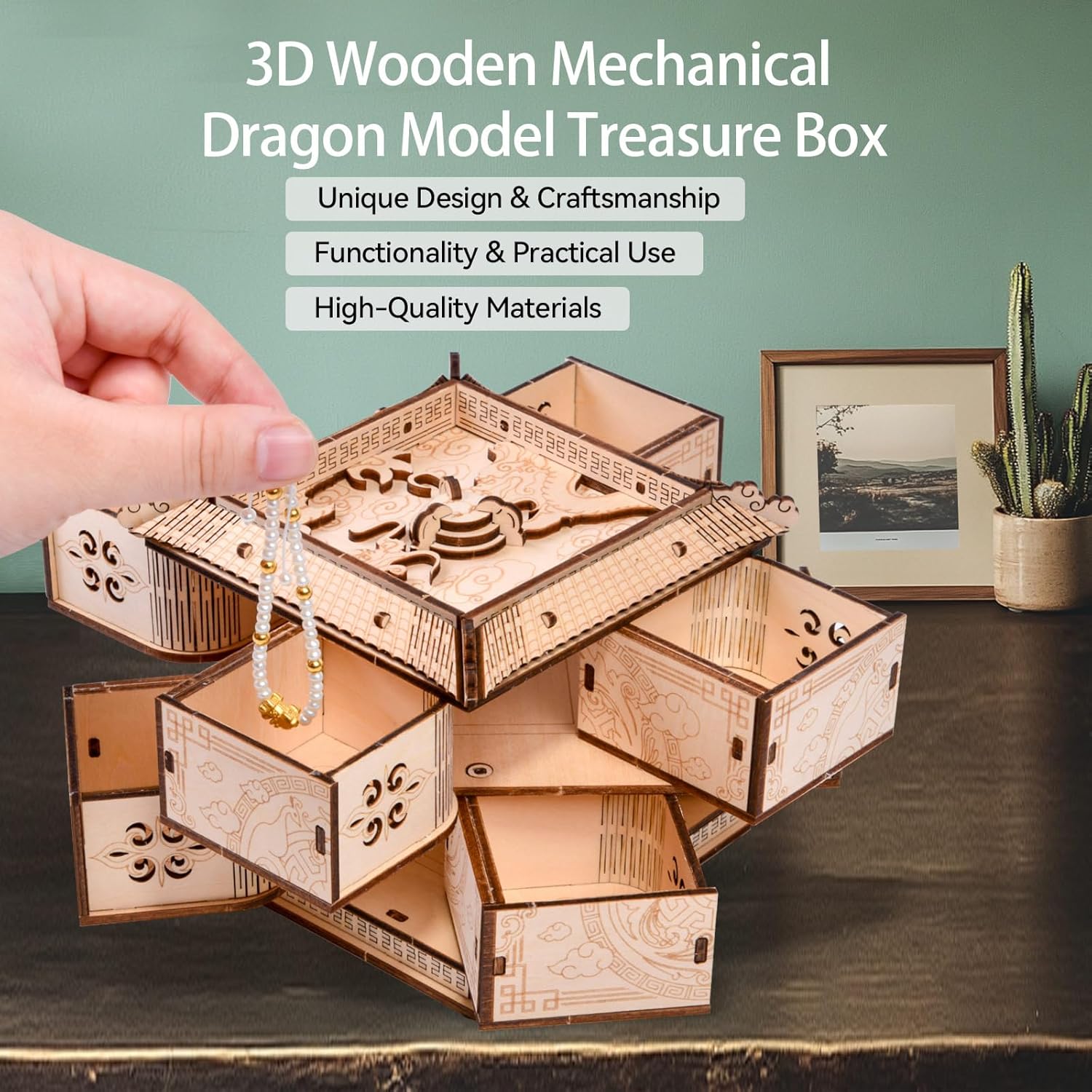 3D Wooden Puzzles for Adults - Mechanical Dragon Treasure Chest Model Kit, DIY Engineering Project, Unique Gift for Men Teens, Collectible Art and Home Display