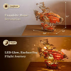 LED 3D Wood Puzzle Fantasy Airship Model - Steampunk DIY Craft Kit with LED Lights – Intricate Wooden Airship Model Building Set for Teens and Adults(Orange)