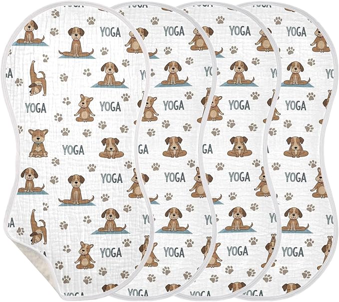 4 Pack Muslin Burp Cloths Dogs Yoga Cotton Baby Burp Cloths Extra Absorbent and Soft Thick Burping Cloth for Newborn Boys Girls 22x11 Inch