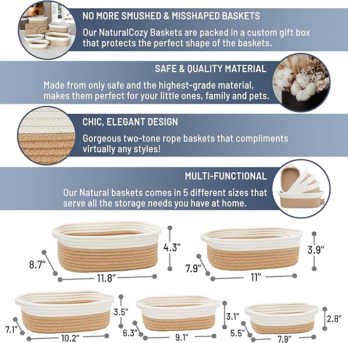 NaturalCozy 5-Piece Rectangle Storage Basket Set- Natural Cotton Rope Woven Baskets for Organizing! Small Basket for Montessori, Baby Nursery, Dog Toy Baskets, Cat Toy Box, Bathroom Organization Bin