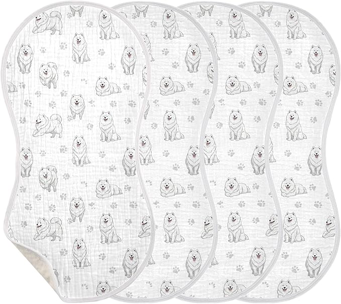 4 Pack Muslin Burp Cloths Samoyed Dogs White Cotton Baby Burp Cloths Soft Burping Cloth Absorbent Spit Up Rags for Newborn Baby Boys Girls 22x11 Inch