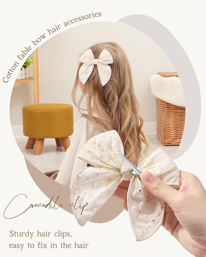Doboi 8PCS Baby Girls Hair Clips Fable Hair Bows Cotton Linen Bows for Girls Hair Accessories for Baby Toddlers Kids （Includes Beige Cutout Hair Clip）
