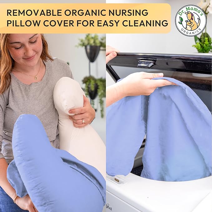 Dr. Mama's Organics Nursing Pillow with Lumbar Support - Ergonomic Design Helps Relieve Back Pain and Arm Fatigue - for Bottle and Breastfeeding - Removable Organic Cotton Cover - (Blue)