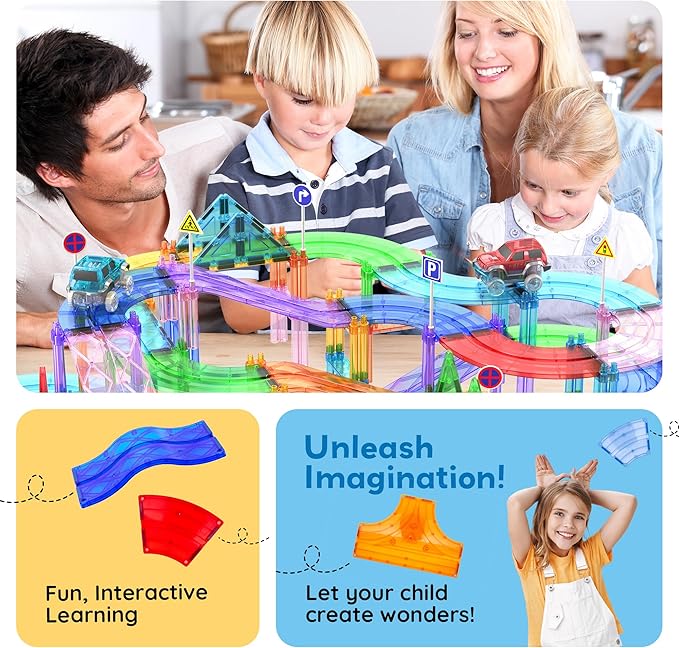 PicassoTiles 12pcs Race Track Add-On Magnetic Railway 5Styles Building Block Set Magnet Tiles Construction Toy STEM Learning Early Education Toys Blocks Child Brain Development for Kids Age 3+ PTR12
