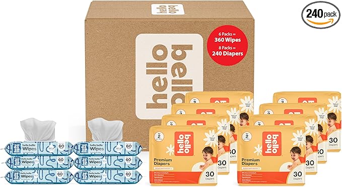 Hello Bello Mega Surprise Pack, Size 2 (10-16 lbs), 240ct Hypoallergenic Assorted Diapers with a Soft, Cloth-Like Feel Plus 360 Ultra Gentle Unscented Baby Wipes in 6 Resealable Packs