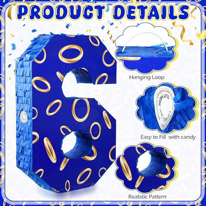 Number 6 Blue and Golden Rings Piñata for Kids Birthday Cartoon Theme Small Piñata with Blindfold Stick Confetti for Fiesta Cinco De Mayo Party Decor, 15.8 x 11 x 2.8 Inch