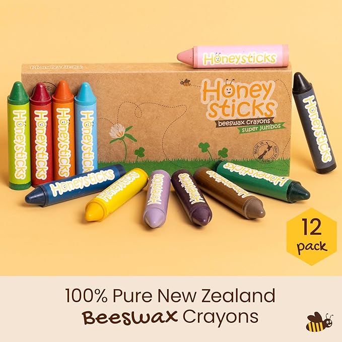 Honeysticks Super Jumbo Crayons (12 Pack) - Non Toxic Crayons for Kids - 100% Pure Beeswax and Food Grade Colors - For Toddlers 1-3, Unbreakable, Extra Large, Easy to Hold and Use, Eco-Friendly