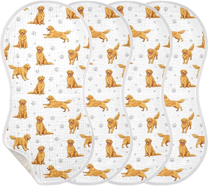 4 Pack Muslin Burp Cloths Golden Dogs Paw Prints White Cotton Baby Burp Cloths Ultra Absorbent and Soft Thick Burping Cloth for Newborn Boys Girls 22x11 Inch