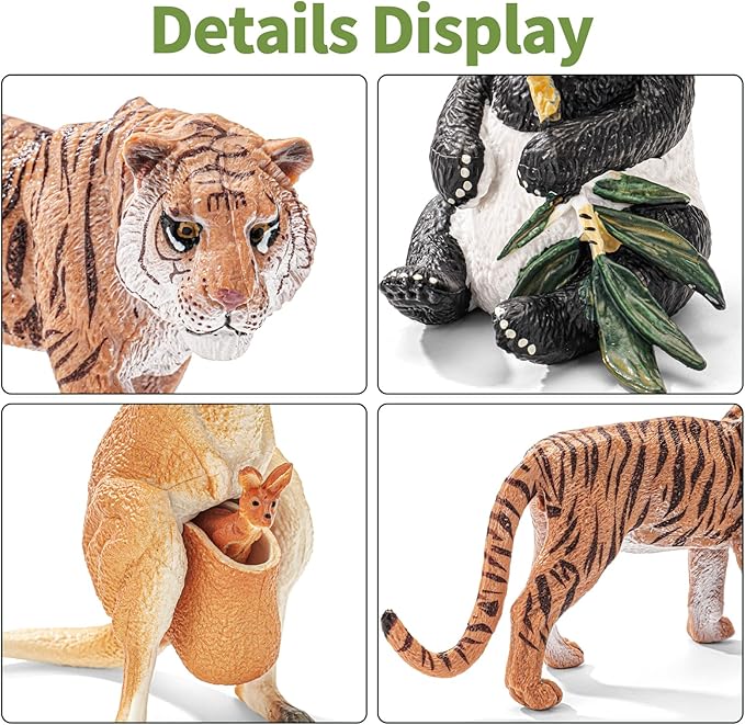 8PCS Safari Zoo Animals Figurines Toys, Realistic Plastic Mom and Baby Cubs Figures, Includes Panda,Grizzly Bear,Kangaroo,Tiger, Educational Learning Playset for Kids Boys Girls