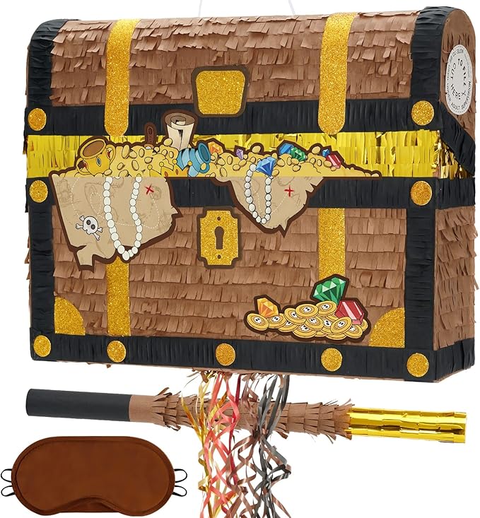 WERNNSAI Treasure Chest Piñata - Pull String Pirate Themed Piñata with Blindfold and Bat Adventure Birthday Party Decoration for Boys Kids Family Games Piñata Adventure Theme Party Supplies