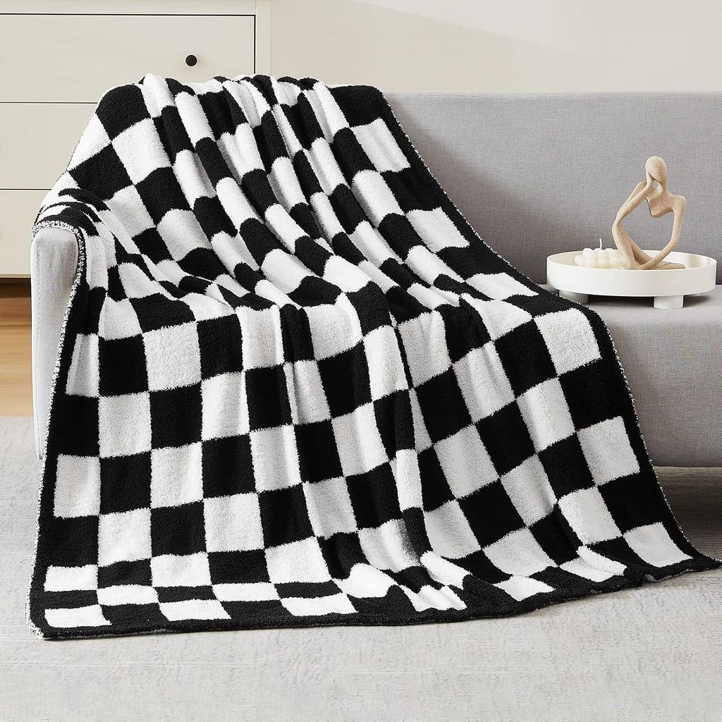 WRENSONGE Checkered Throw Blanket, Black and White Soft Cozy Fluffy Warm Hand Made Throw Blankets for Couch, Sofa, Chair, Bed, Camping, Picnic, Travel Lightweight Bed Blanket - 50"*70"