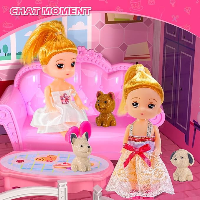 DIY Dollshouse for Girls 4-8 - 2-Story House with 3 Themed Rooms, 2 Dolls, 4 Dogs, Slide & Yard - Dolls House Toys for Imaginative Play