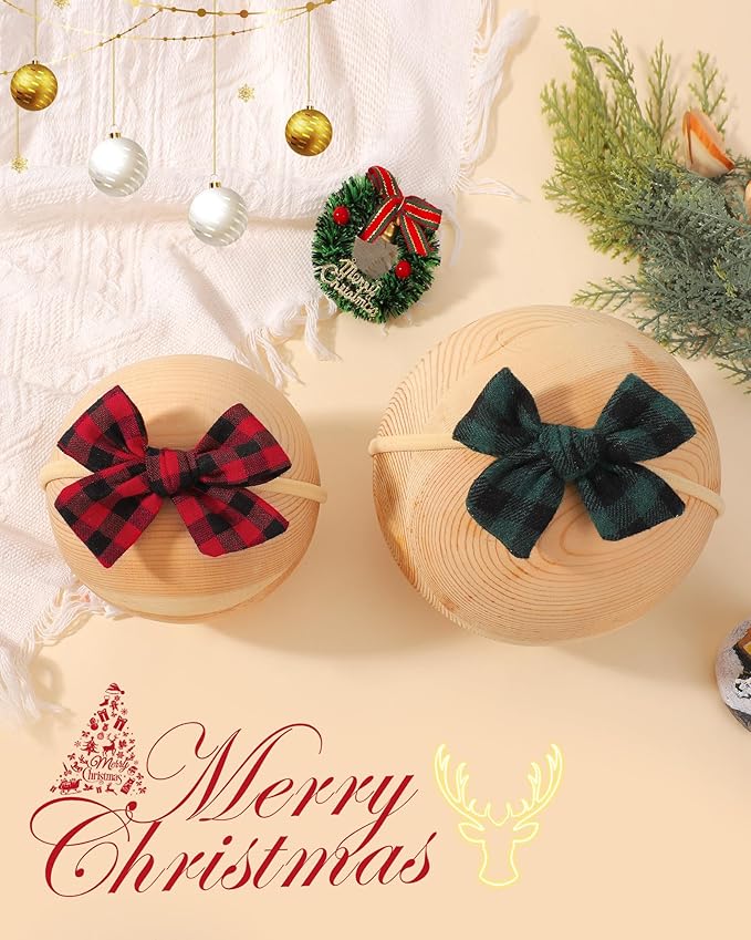 doboi 6PCS Christmas Baby Girls Headbands Hair Bows Nylon Cotton Linen Hairbands Fine Handmade Hair Accessories for Newborn Infant Toddlers Little Girls- Red Green Plaid