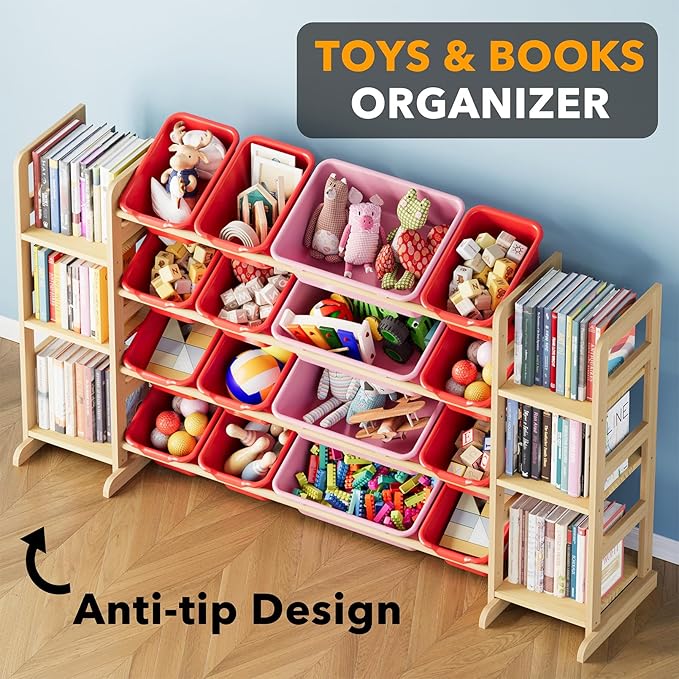 SpaceAid Toy Storage Organizer with 6 Shelves and 16 Bins, Toy Organizers Storage Bookshelf, Kids Bin Shelf Toys Box Bookcase for Bedroom Playroom Organization Room Decor, Red and Pink