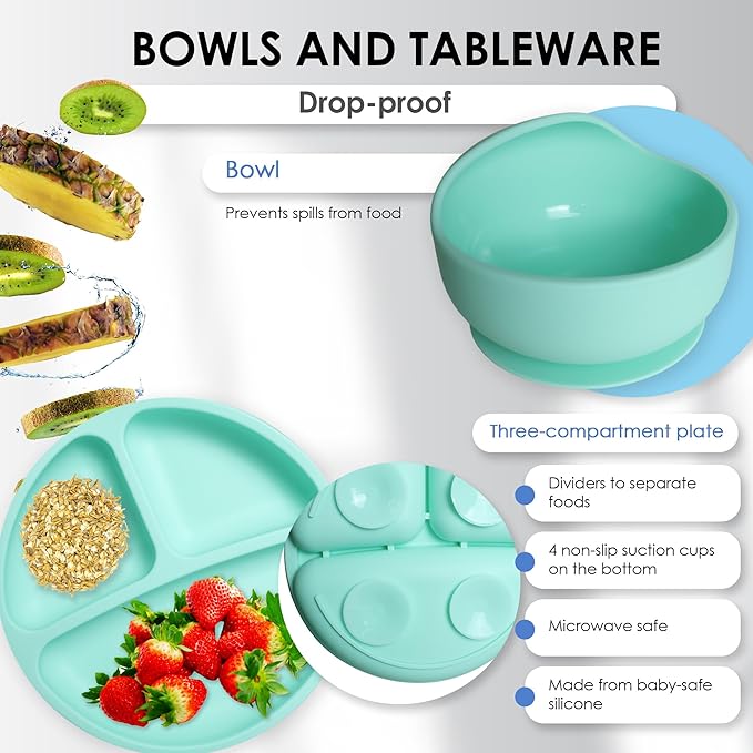 Bluet B- Silicone Feeding Set - Pacifier, Baby Spoons, Suction Bowl, Plate - Baby Utensils - First Foods Set - 11pcs - Green