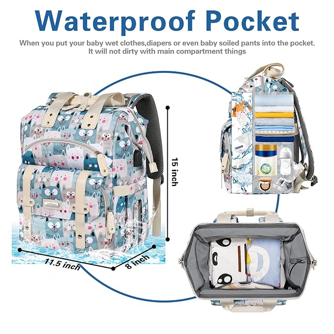 Jiefeike Diaper Bag Backpack,Baby Bags for Mom Dad Girls Boys,15.6inch Cat Dog Travel Baby Diaper Bags with Insulated Pockets,USB Charging Port,RFID Anti-Theft Water-Resistant Pocket
