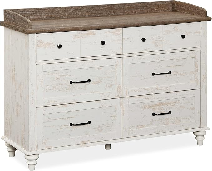 WAMPAT Baby Dresser with 6 Drawers for Kids Room, Antique White Kids Dresser Wooden Double Dressers for Bedroom, Storage Organizer for Children’s Bedroom, Nursery Furniture