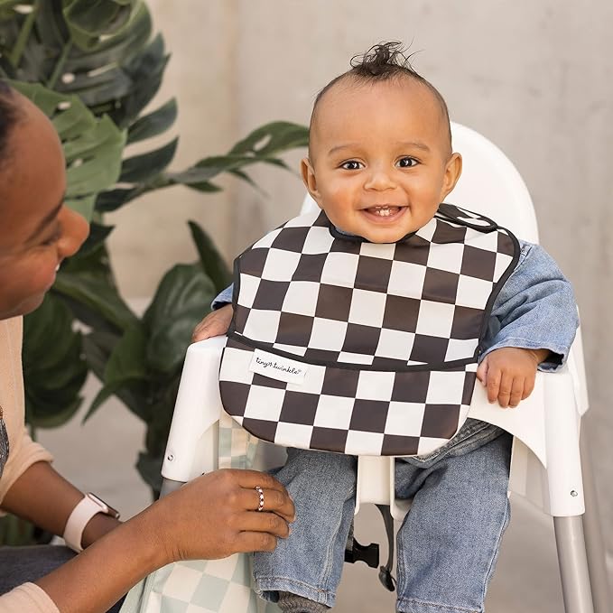 Tiny Twinkle Mess-Proof Baby Bib - Waterproof Bib for Baby Boy or Girl - Machine Washable - Adjustable Closure - PVC, BPA, & Phthalate Free - Great for Travel - Baby Food Bibs (3 Pack, Checkers Boy)