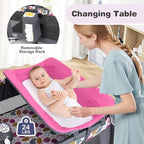 BABY JOY 5 in 1 Pink Pack and Play, Portable Baby Playard with Bassinet & Changing Table, Infant Pink Bassinet Nursery Center w/Toys & Music & Oxford Bag for Baby Girl Toddlers (Rose, Dot Circle)