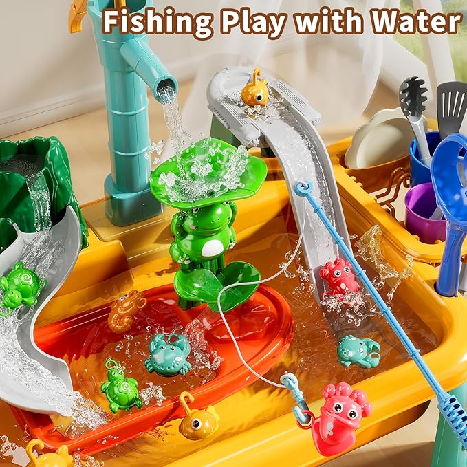 Kitchen Sink Toys Toddlers 3-5, Play Sink with Running Water, Water Table for Kids Ages 4-8, Fishing Game Outdoor Toys Pretend Role Play Toys for Boys Girls 3 4 5 6 7 8